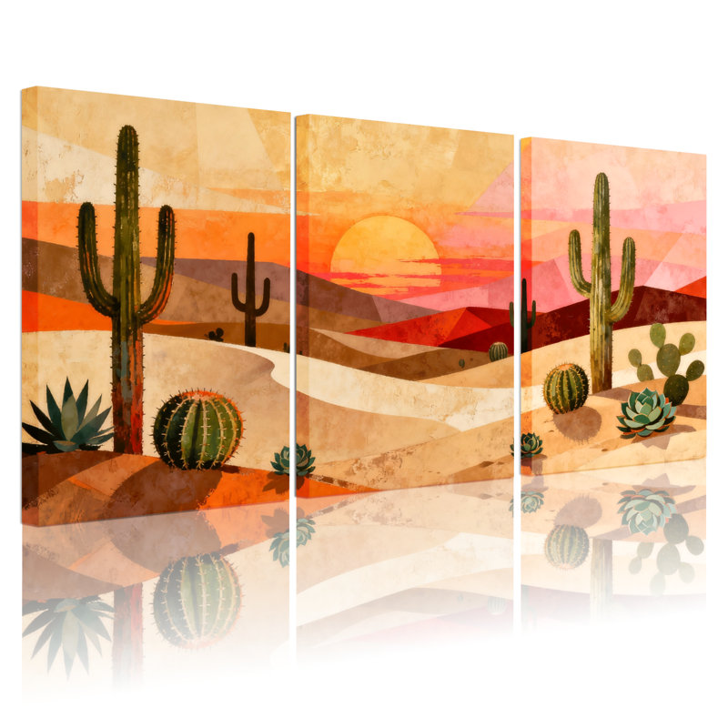 «Cactus Desert Sunset», ensemble de 3 reproductions d'art sur toile, H 24 po x l 48 po