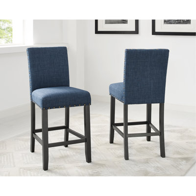Of 2 Blue Stools. Counter Height. Hardwood Structure. Nailhead Trim. Fabric Covering. -colored Finish. Spot Clean Directions Stools, 2. Build. Linen/cotton Fabric. Dark Hint Offered
