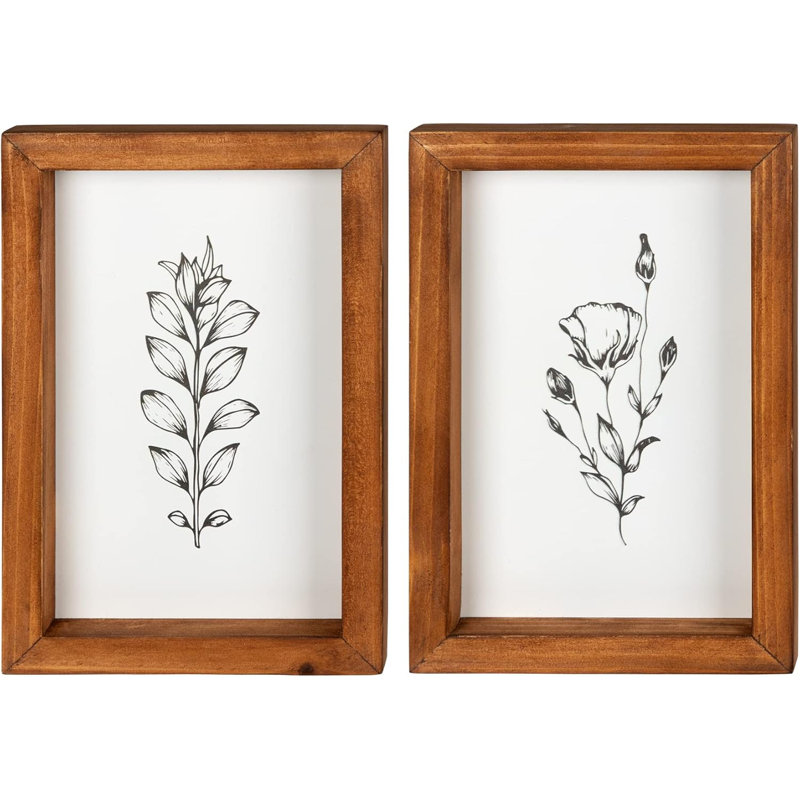 Farmhouse Set of 2 Wildflower Stems Framed Wall Art - Printed MDF with Botanical Design, Natural Wood Frames - Rustic Accent Pieces for Living Room, Bedroom, Kitchen, Entryway