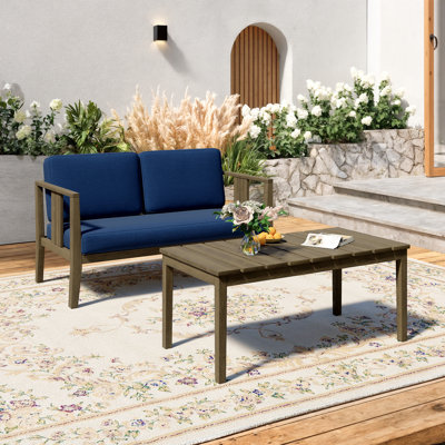 Polett Teak Outdoor Two-person Patio Set With Cushions And Coffee Table