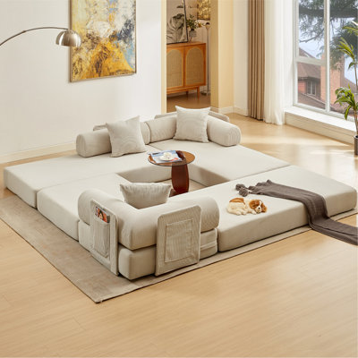 Canapé modulaire en L 107 po en forme de L, canapé modulaire 7-en-1 en velours côtelé 107 po, rembourré, sans assemblage, bricolage, canapé-lit pliant convertible, poche latérale, 4 places, beige