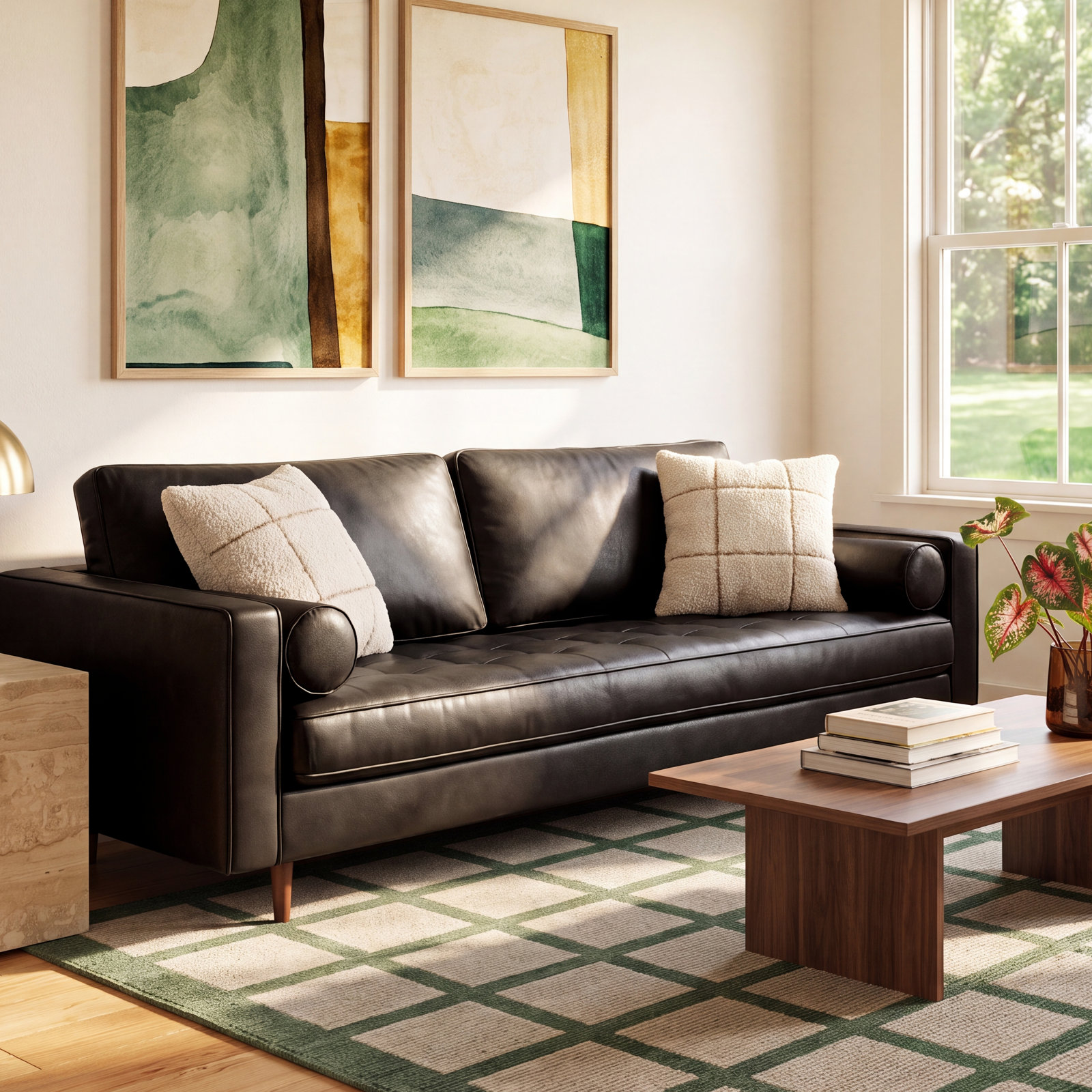 Geo 84" Genuine Leather Sofa, Vintage Black Genuine Leather