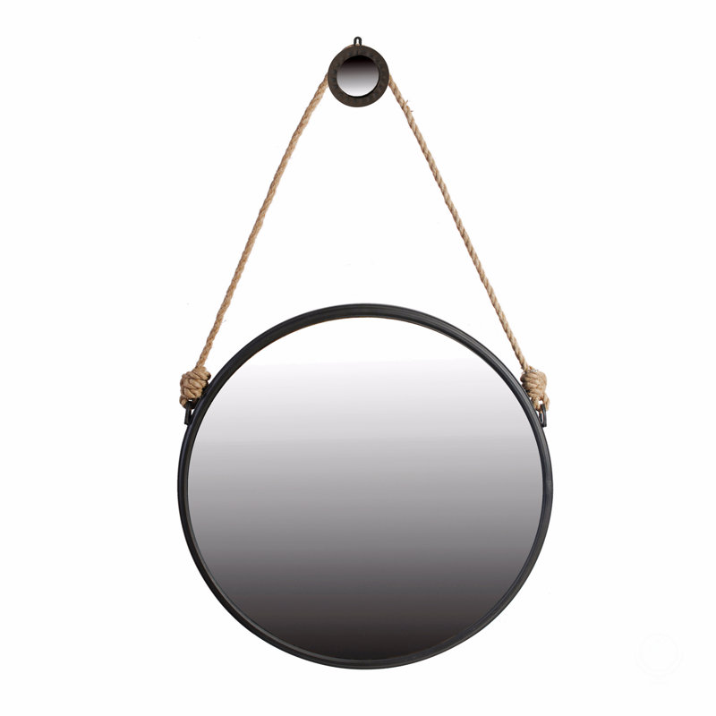 Miroir rond suspendu tendance 29,5 po avec cadre noir et sangle de corde, décor industriel contemporain