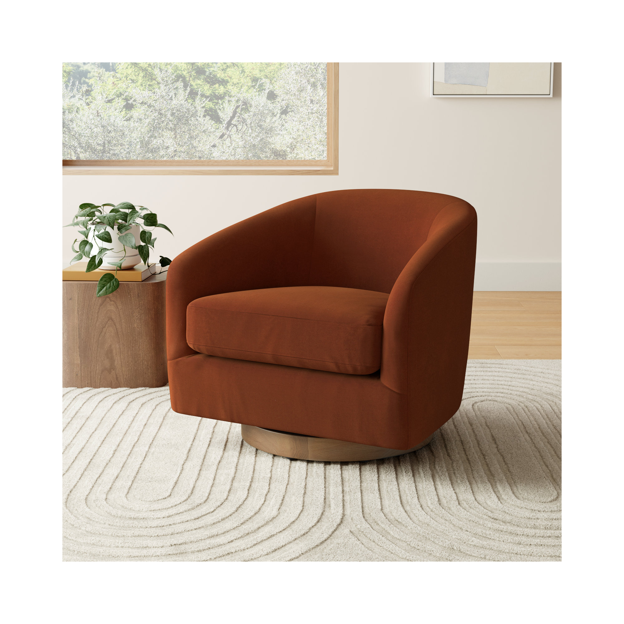 Bennett Upholstered Swivel Barrel Chair, Bella Burnt Orange Performance Velvet