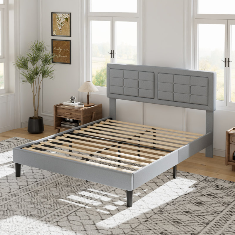 Base de lit grand format Kempst, cadre de lit plateforme grand rembourré avec tête de lit capitonnée à hauteur réglable, sommier robuste avec lattes de bois, aucun sommier requis, rangement sous le lit