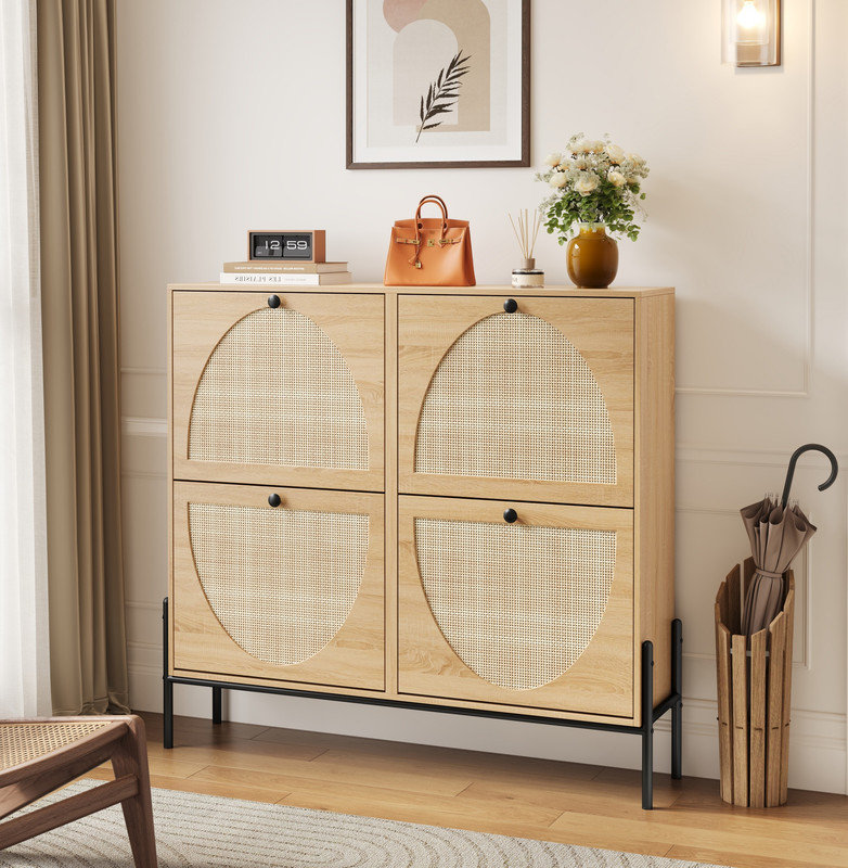 Space-Saving Rattan Shoe Cabinet with 4 Flip-Down Doors – Elegant Narrow Storage for Entryways & Hallways