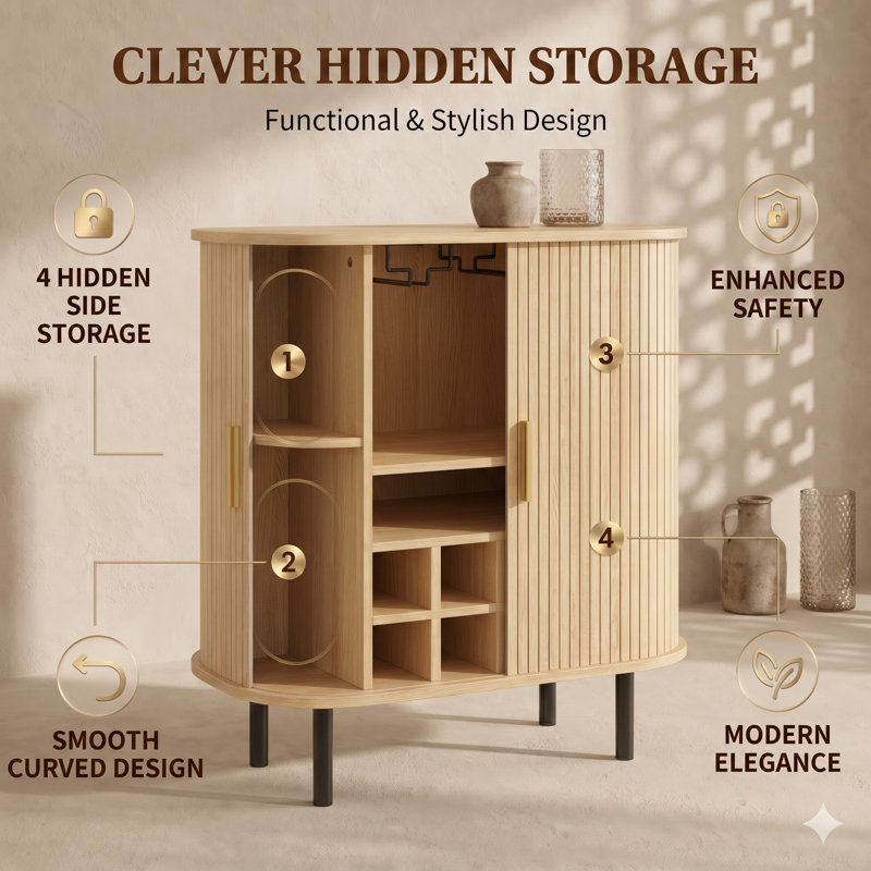 28" Fluted Wine Bar Cabinet with 8-Grid Wine Rack, 5-Level Adjustable Shelves, 2 Glass Holders, Smoothly Sliding Tambour Doors, 4 Hidden Storage Space on the Side,Modern Liquor Coffee Station, Natural
