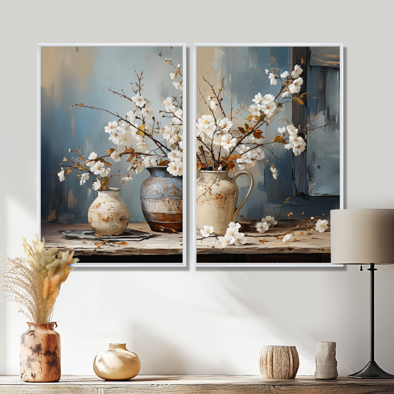 Pottery And Flowers Still Life I - Large Trees Wall Art, 36" H x 48" W, Floater Framed Print, White