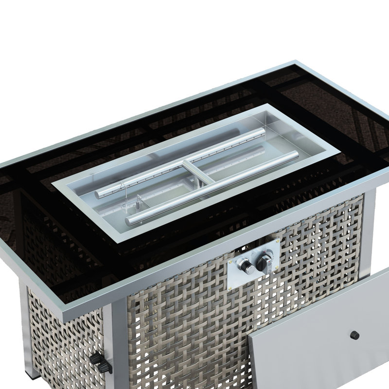 60000 43 Inch Grey Propane Gas Fire Pit Table, Open Weave Design, With Glass Wind Guard, Removable Lid, And 20lbs Storage For Garden Backyard Rectangular , In Grey, Blue Stone Decoration Tempered