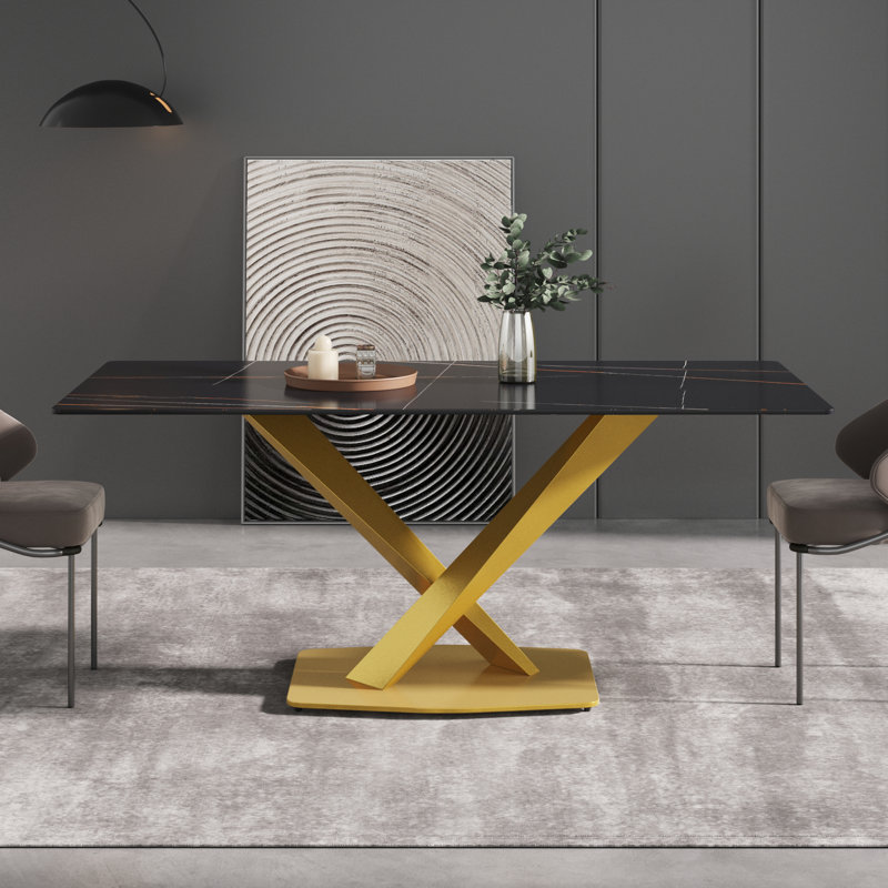 Table de salle à manger Sintered Stone, Noir, Doré, H 29,53 po x L 70,9 po x l 35,4 po