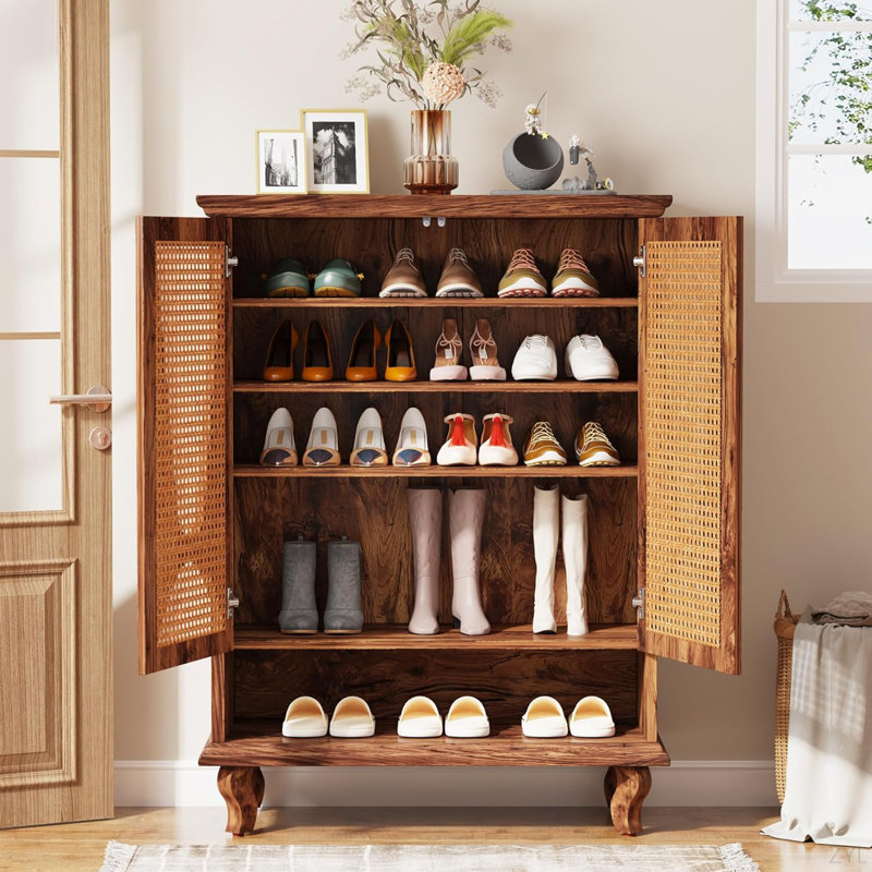 Armoire à chaussures 25,92 po en rotin naturel moderne avec range-chaussures autoportant à 5 niveaux avec portes ventilées