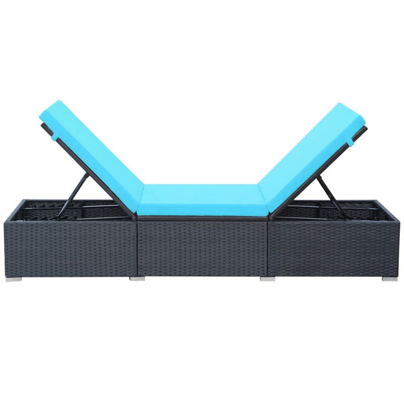 Chaise longue d'extérieur ajustable, coussin, rotin Nino, Bleu, Noir, noir, noir, noir