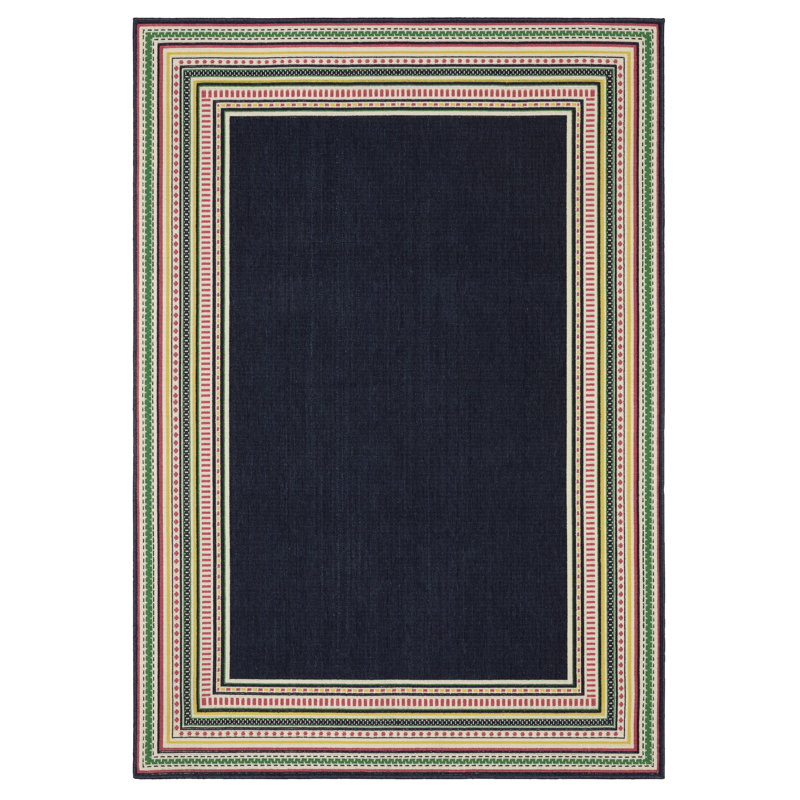 Sherley Multi-Stripe Border Navy/ Multi Indoor-Outdoor Area Rug, Runner 1'10" x 7'3"