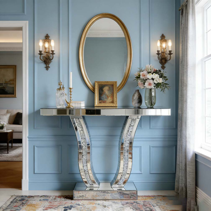 Console moderne à miroir avec pieds courbés et incrustés de pierre