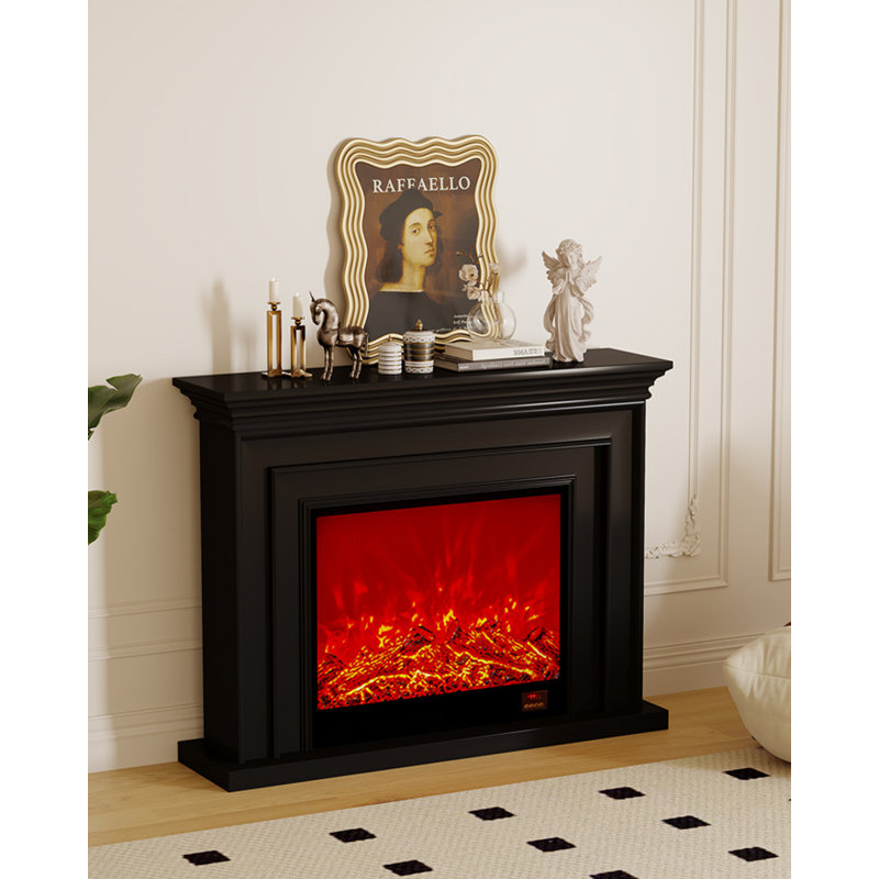 French-style creamy home and homestay electric fireplace core with simulated flames, 39.37" H x 43.31" W x 11.02" D, Black