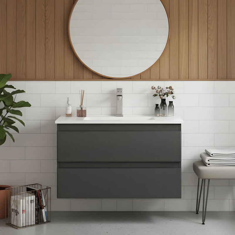 Meuble-lavabo mural intégré en céramique, Brun-noir