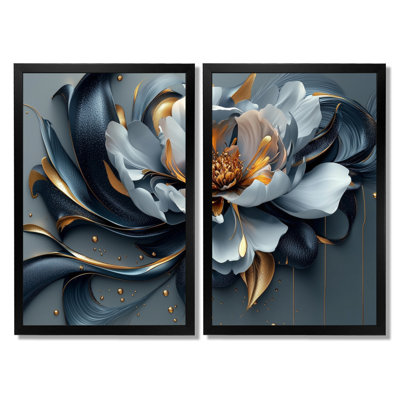 Fleur de pivoine bleue et grise qui fleurit - art pivoine, ensemble d'art mural floral doré de 2