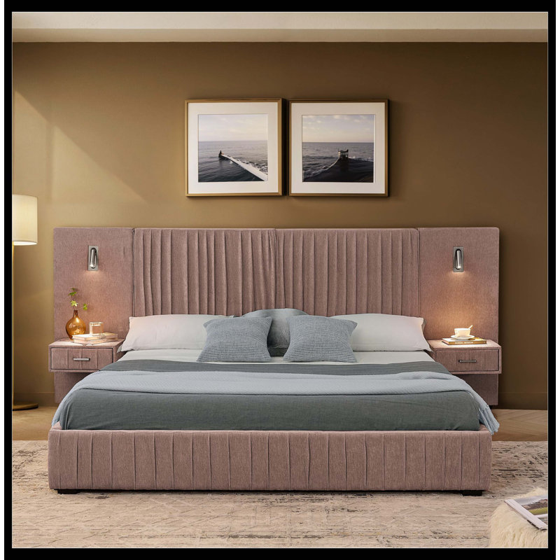 Structure de lit tapissier grand format avec tissu en chenille avec motif plissé, lit plateforme grand format avec tête de lit, structure solide et table de chevet. Pas de sommier tapissier nécessaire - rose