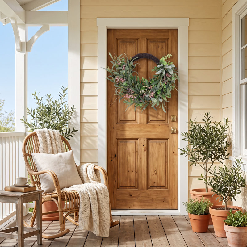 Couronne artificielle de 20 po en feuille d'olivier et en eucalyptus pour la porte d'entrée, couronne de fausse ferme pour la décoration intérieure et extérieure