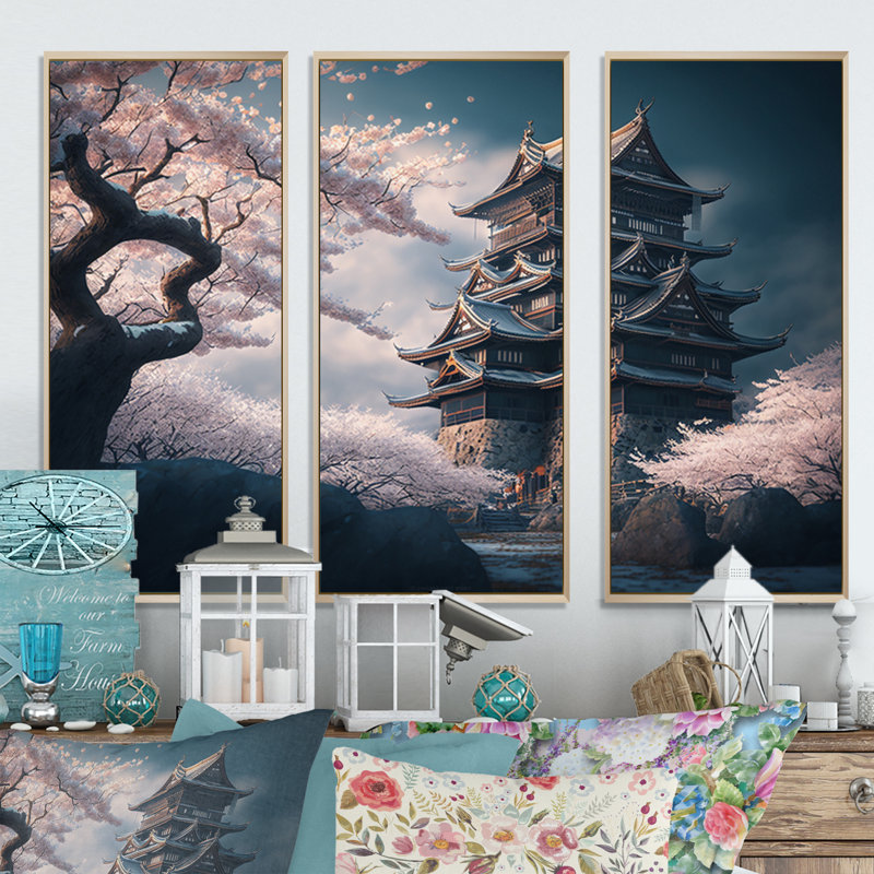 «Cherry Blossums In The City III», reproduction sur toile 3 pièces, H 28 po x l 36 po x P 1 po, Encadré naturel
