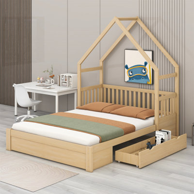 Lit plateforme avec garde-corps et tiroirs Wood House