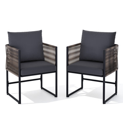 Ensemble de 2 chaises de jardin/balcon en rotin PE résistant et confortable – Mobilier extérieur avec coussins, structure en métal noir, design en corde tressée, capacité de charge de 150 kg
