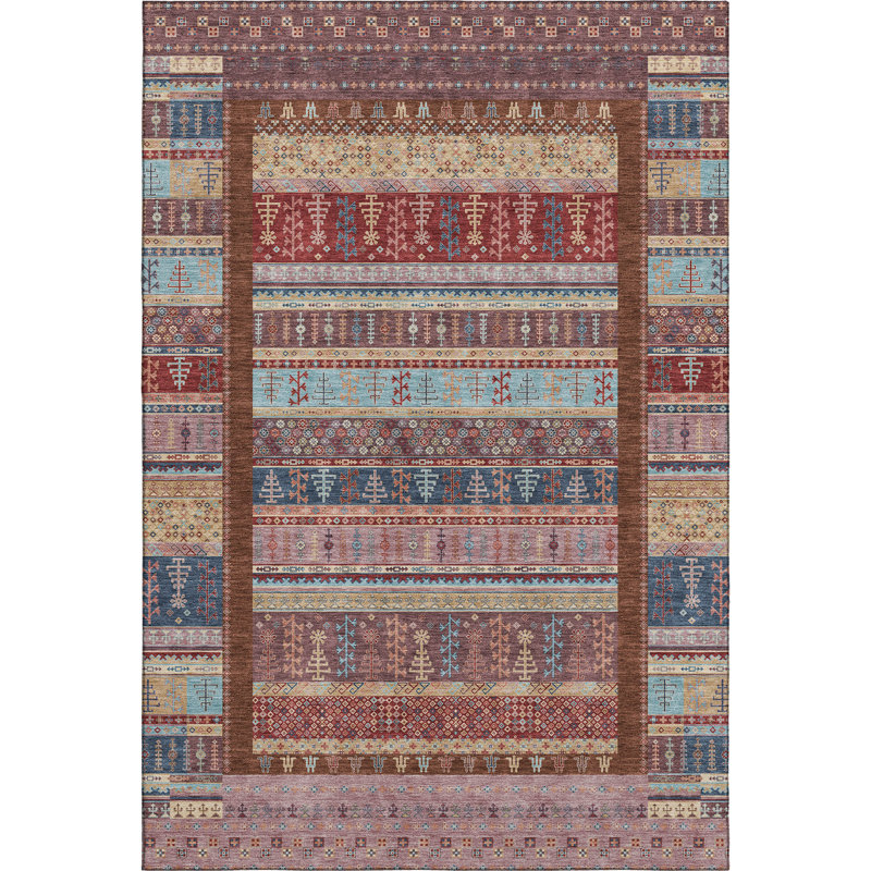 Premium Machine Washable Mayfield AMF2160 Striped Rug, Red, Rectangle 5' x 7'6"