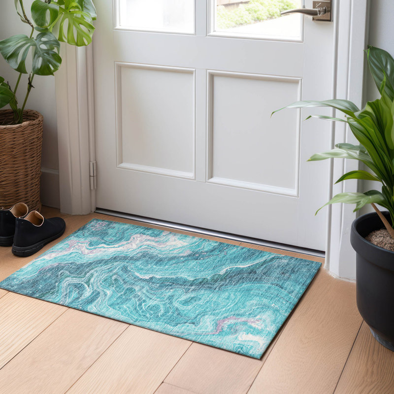 Tapis bleu sarcelle lavable à la machine intérieur / extérieur Cinead ACN1701, Rectangle 1 pi 8 po x 2 pi 6 po
