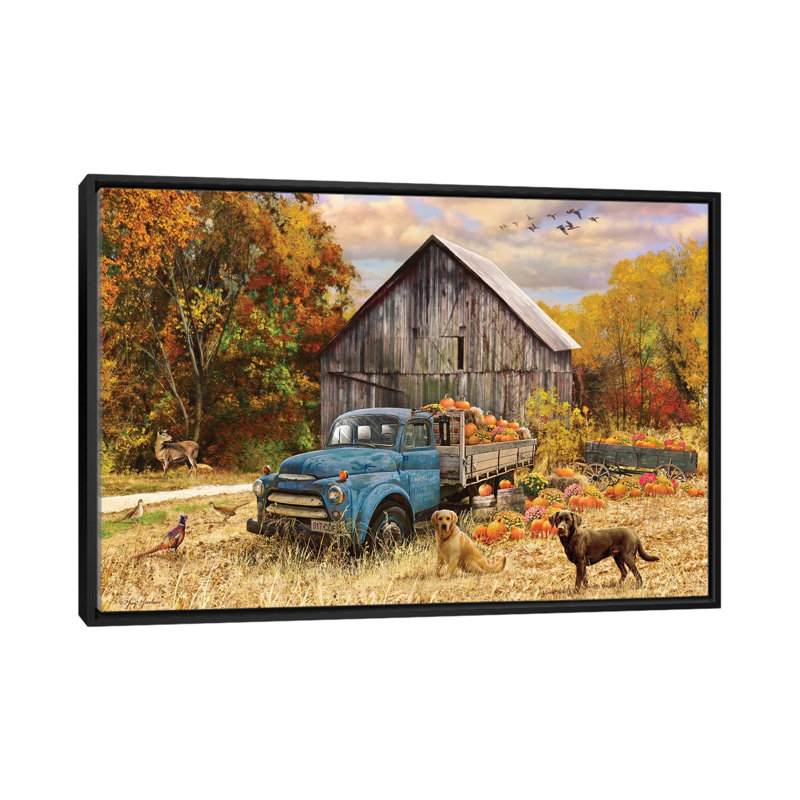 «Fall Truck And Barn» - reproduction, H 26 po x l 40 po x 1,5 po, Cadre noir