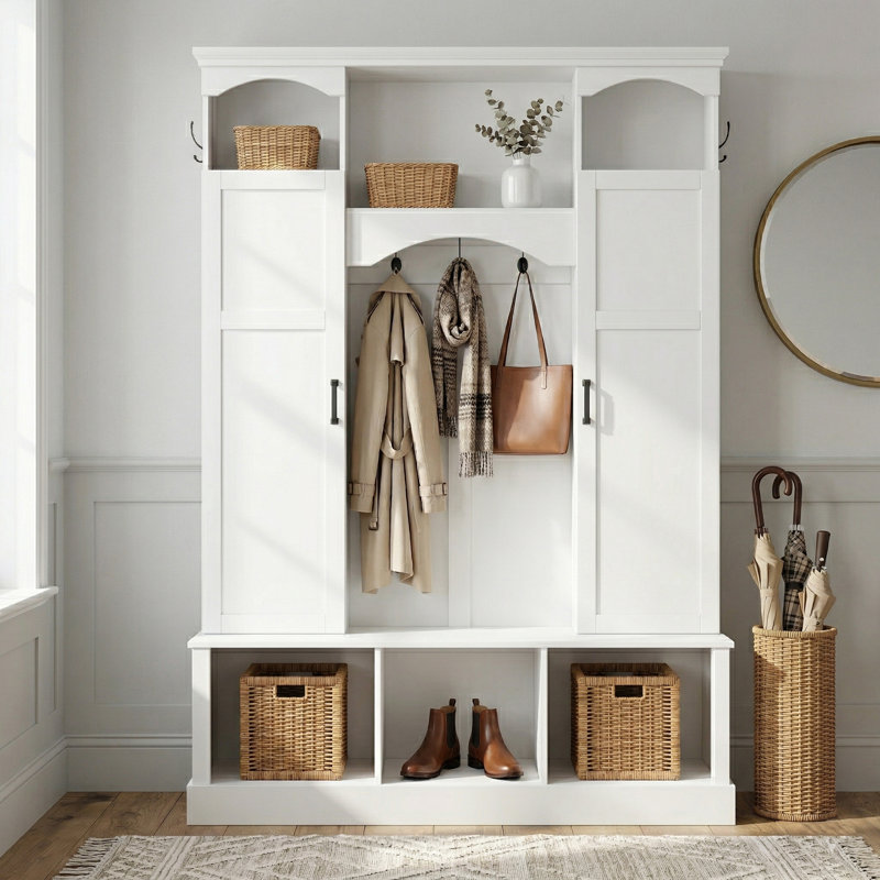 Arbre de couloir moderne tout-en-un avec garde-robe, banc de rangement pour entrée de ferme avec 7 crochets pour le vestibule