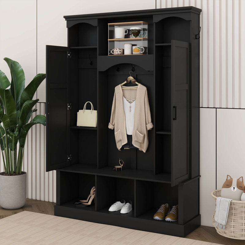 Hall Tree With Bench And Adjustable Shelves, Classic Arched Shoe Bench With Dual Side Cabinets, Entryway Organizer With 7 Hooks