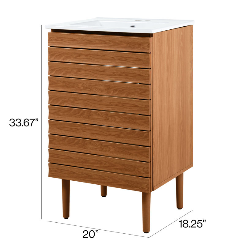 Armoire de salle de bain de style campagne moderne à lattes épaisses avec lavabo en céramique blanche Aubert, Brun