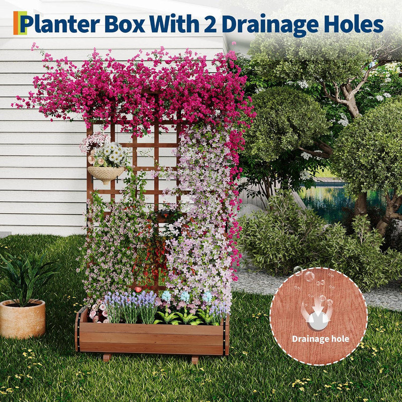 Lit de jardin surélevé de 67 pouces avec treillis et toit, jardinière en bois avec drainage pour cour et balcon