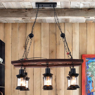 Lustre campagnard style rustique en bois 6 lumières à intensité variable