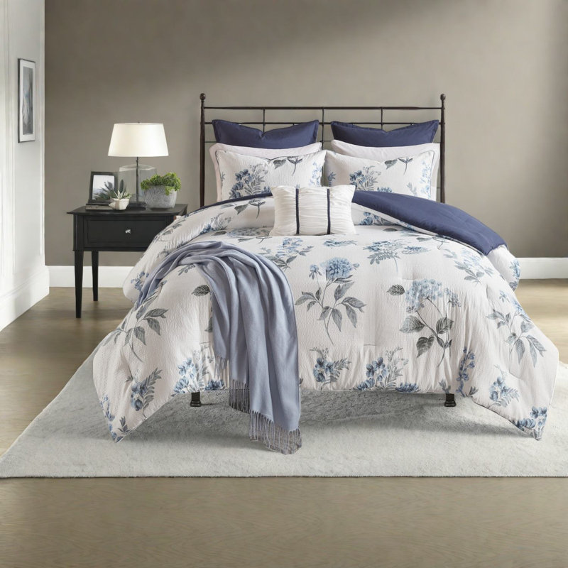 Ensemble de literie 7 pièces Farmhouse, édredon en microfibre avec jeté décoratif, bleu