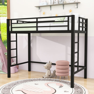 Lit mezzanine en métal avec échelles doubles, barrières de sécurité et espace sous le lit peu encombrant