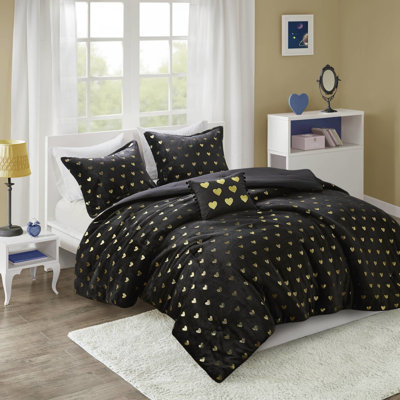 3 édredon ultraléger noir / or avec coussin décoratif pour lit simple / simple TG
