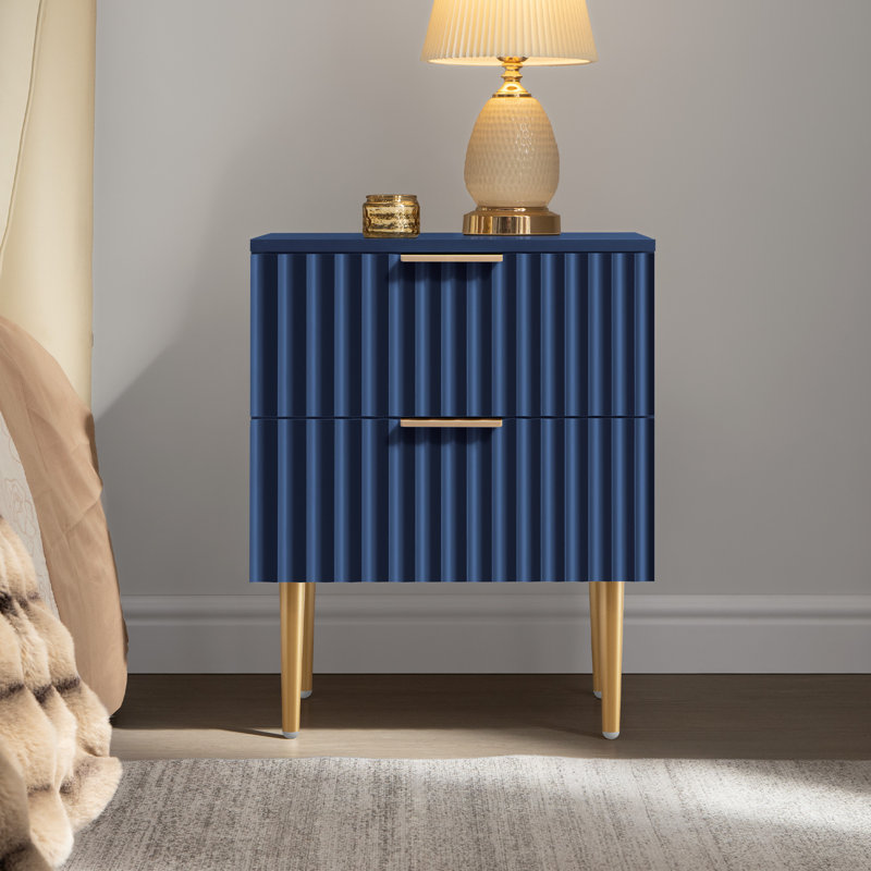 Rishaw Fluted Nightstand With 2 Drawers, Blue