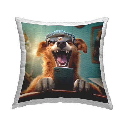 Laughing Dog on Phone Outdoor Printed Pillow by Jim Baldwin