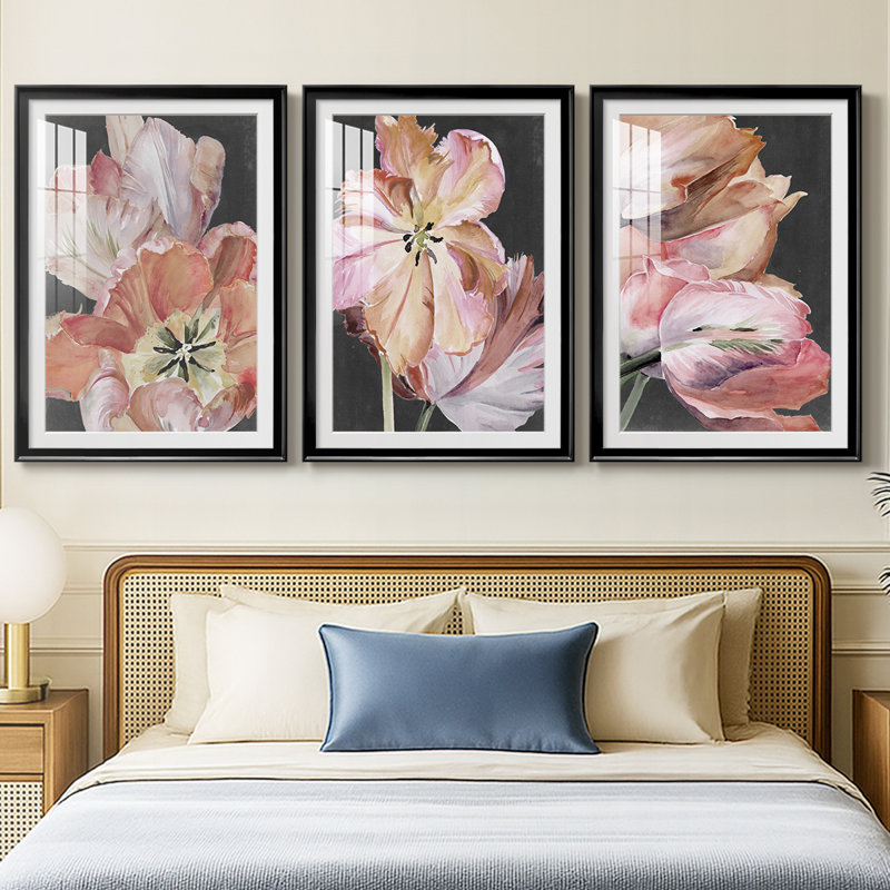 Pastel Parrot Tulips I  -Custom Framed  Premium Print W Matt - 3 Pieces, Black, 21" H x 30" W