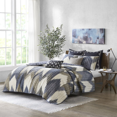 3 pièces de courtepointe en coton bleu marine / grand - imprimé cassé, 2 taies décoratives incluses, matelassage en forme de chenille, taille de literie, prélavé, imprimé, revers uni,