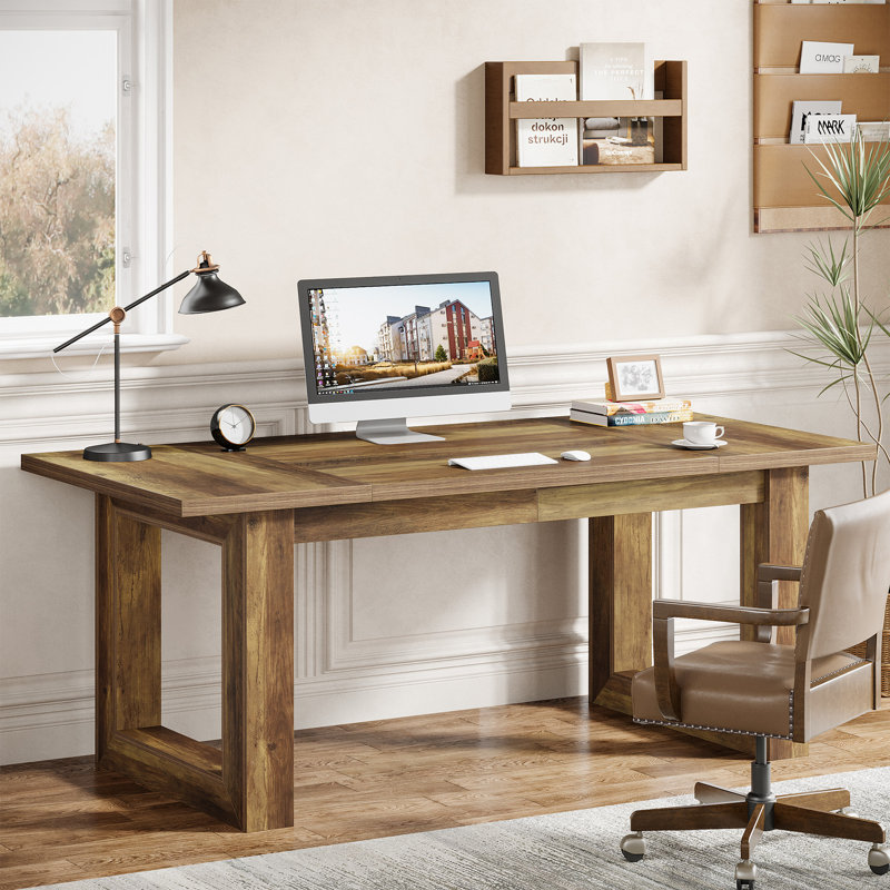 63-Inch Executive Desk, Modern Wood Office Desk, Brown