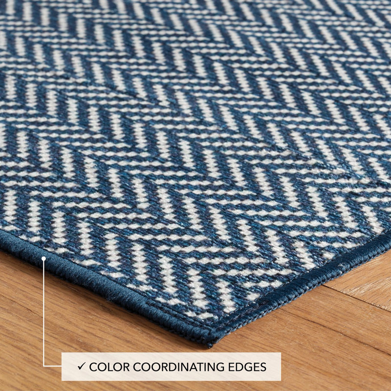 Herringbone Navy Machine Washable Rug, Rectangle 9'6" x 13'6"