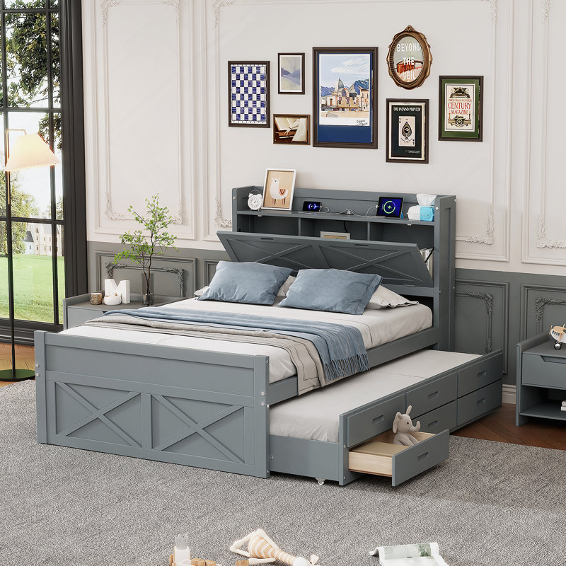 Lit double en bois avec rangement et tête de lit équipée, parfait pour un repos confortable et de l'espace - Sauver la vie