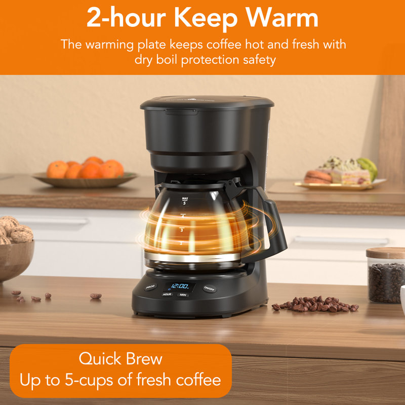 Compact 5-Cup Coffee Maker – 24H Programmable Timer, Keep Warm Function, 25Oz Water Tank, Overheat Protection, And Auto-Shutoff. Ideal For Home, Office, Or Outdoor Adventures (Black)