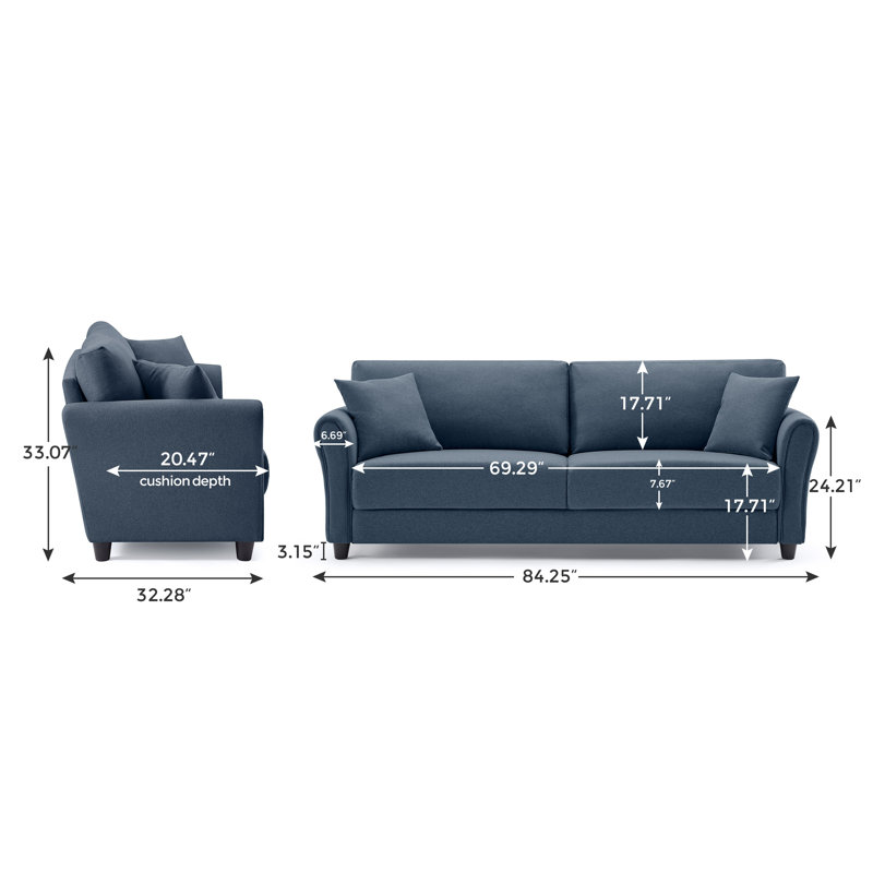 85.4'' Upholstered Sofa, Dark Blue 100% Linen