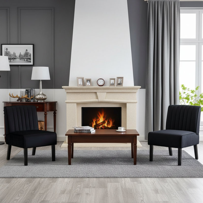 2 piece Channel tufted back slipper chair, Black