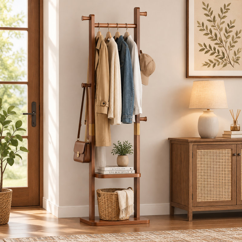 Porte-manteau en bois massif avec finition naturelle, portant à vêtements autoportant pour entrée, chambre et couloir