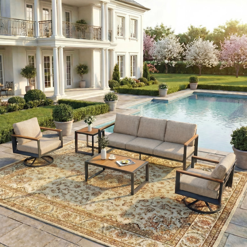 Aluminum Outdoor Patio Furniture Set 5 Pieces, 2 Swivel Rocking Chairs, 3-Seater Bench, Coffee Table & Side Table, Patio Sectional Conversation Furniture Set With Thick Cushions