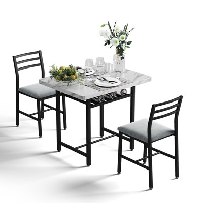 3-Piece Dining Table Set With Faux Marble Tabletop, Under-The Table Storage And Cushioned Chairs For Small Space, Minimalist Dining Set For Kitchen, Home Bar And Patio